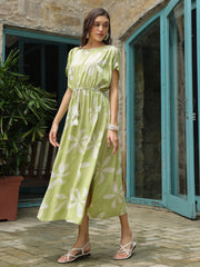 Green Cotton Printed Kaftan Night Dress - SanskrutiHomes 