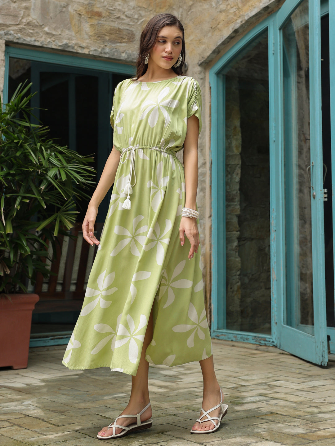 Green Cotton Printed Kaftan Night Dress - SanskrutiHomes 