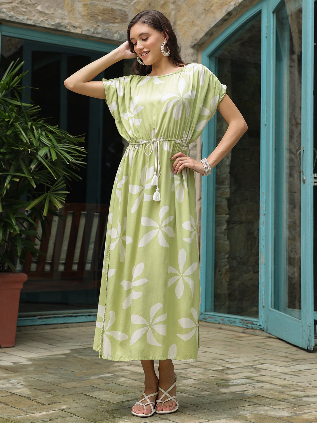 Green Cotton Printed Kaftan Night Dress - SanskrutiHomes 