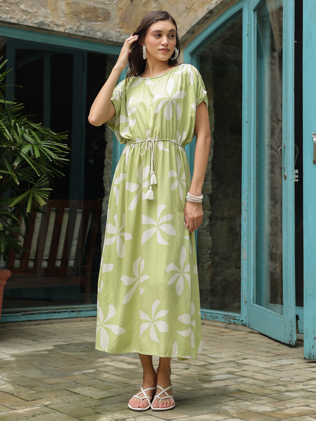 Green Cotton Printed Kaftan Night Dress - SanskrutiHomes 