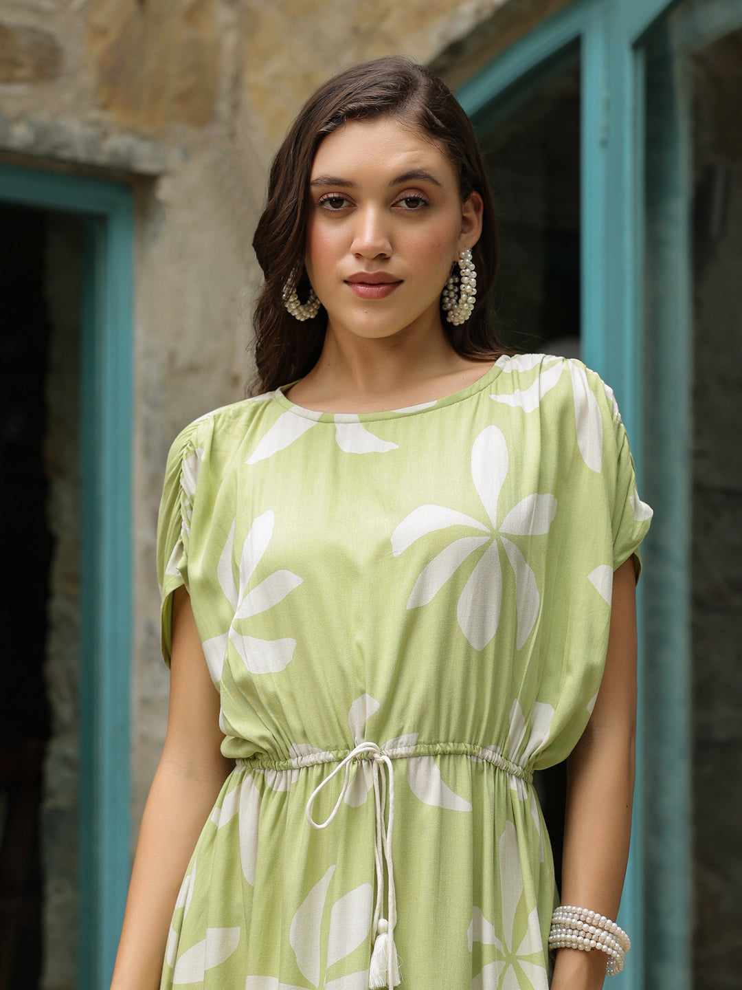 Green Cotton Printed Kaftan Night Dress - SanskrutiHomes 