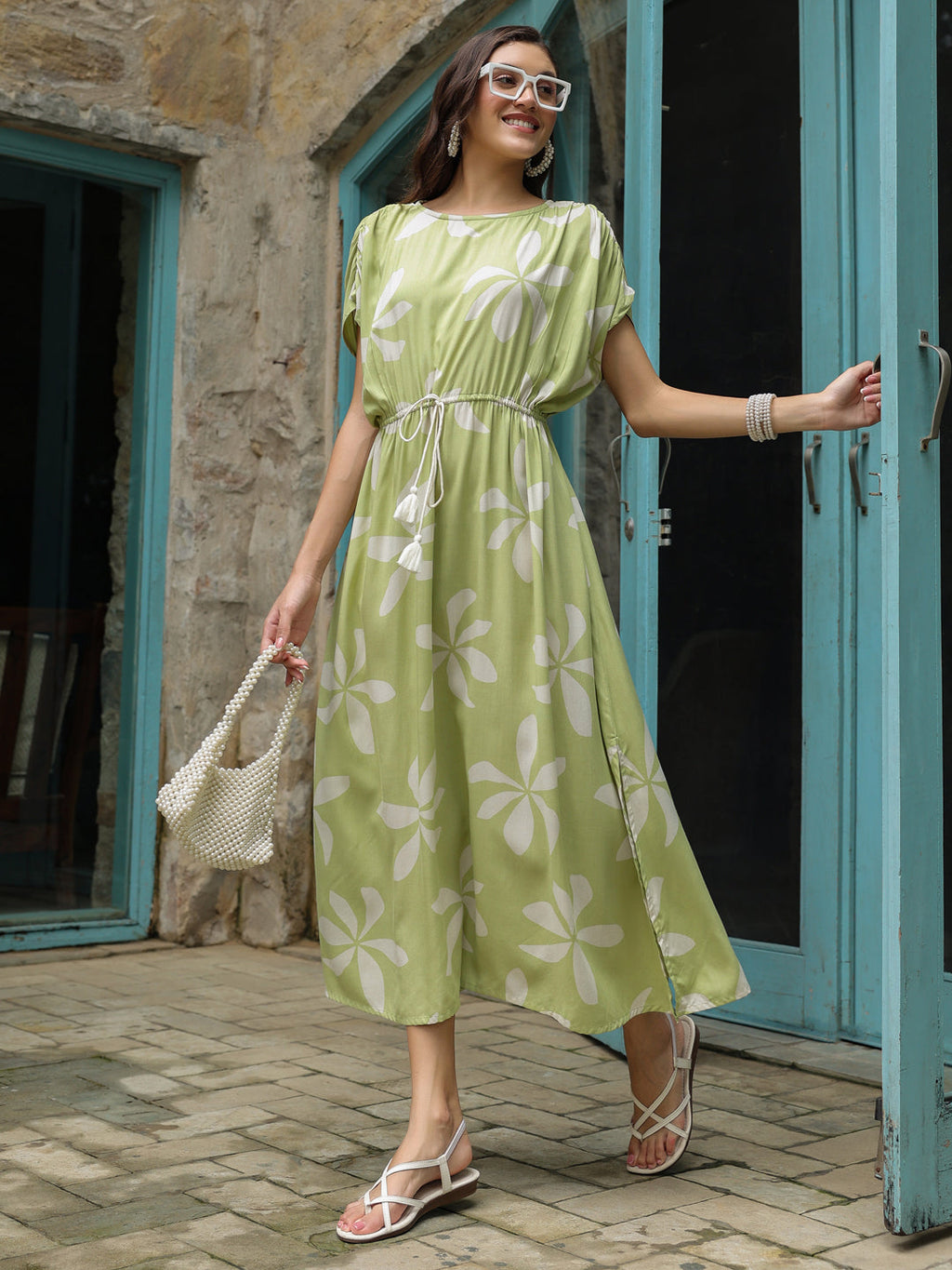 Green Cotton Printed Kaftan Night Dress - SanskrutiHomes 