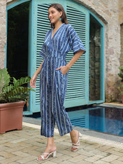Blue Printed Cotton Jumpsuit for Women - SanskrutiHomes 
