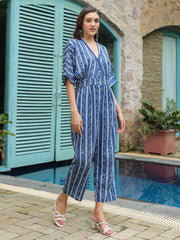 Blue Printed Cotton Jumpsuit for Women - SanskrutiHomes 