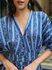 Blue Printed Cotton Jumpsuit for Women - SanskrutiHomes 