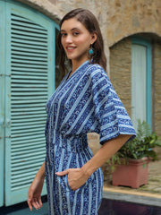 Blue Printed Cotton Jumpsuit for Women - SanskrutiHomes 