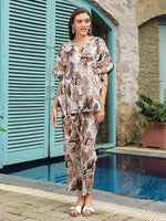 Brown Printed Kaftan Night Suit Set for Women - SanskrutiHomes 