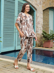 Brown Printed Kaftan Night Suit Set for Women - SanskrutiHomes 