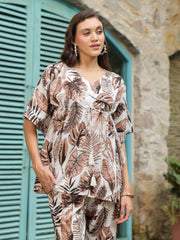 Brown Printed Kaftan Night Suit Set for Women - SanskrutiHomes 