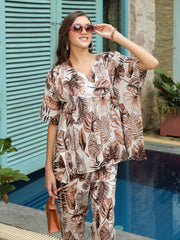 Brown Printed Kaftan Night Suit Set for Women - SanskrutiHomes 