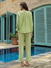Green Solid Print Night Suit for Women - SanskrutiHomes 