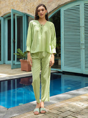 Green Solid Print Night Suit for Women - SanskrutiHomes 