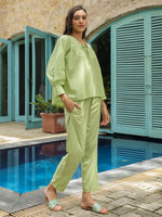 Green Solid Print Night Suit for Women - SanskrutiHomes 