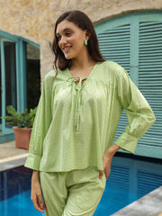 Green Solid Print Night Suit for Women - SanskrutiHomes 