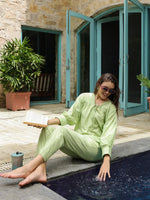 Green Solid Print Night Suit for Women - SanskrutiHomes 
