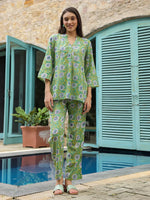 Green Floral Printed Cotton Night Suit Set - SanskrutiHomes 
