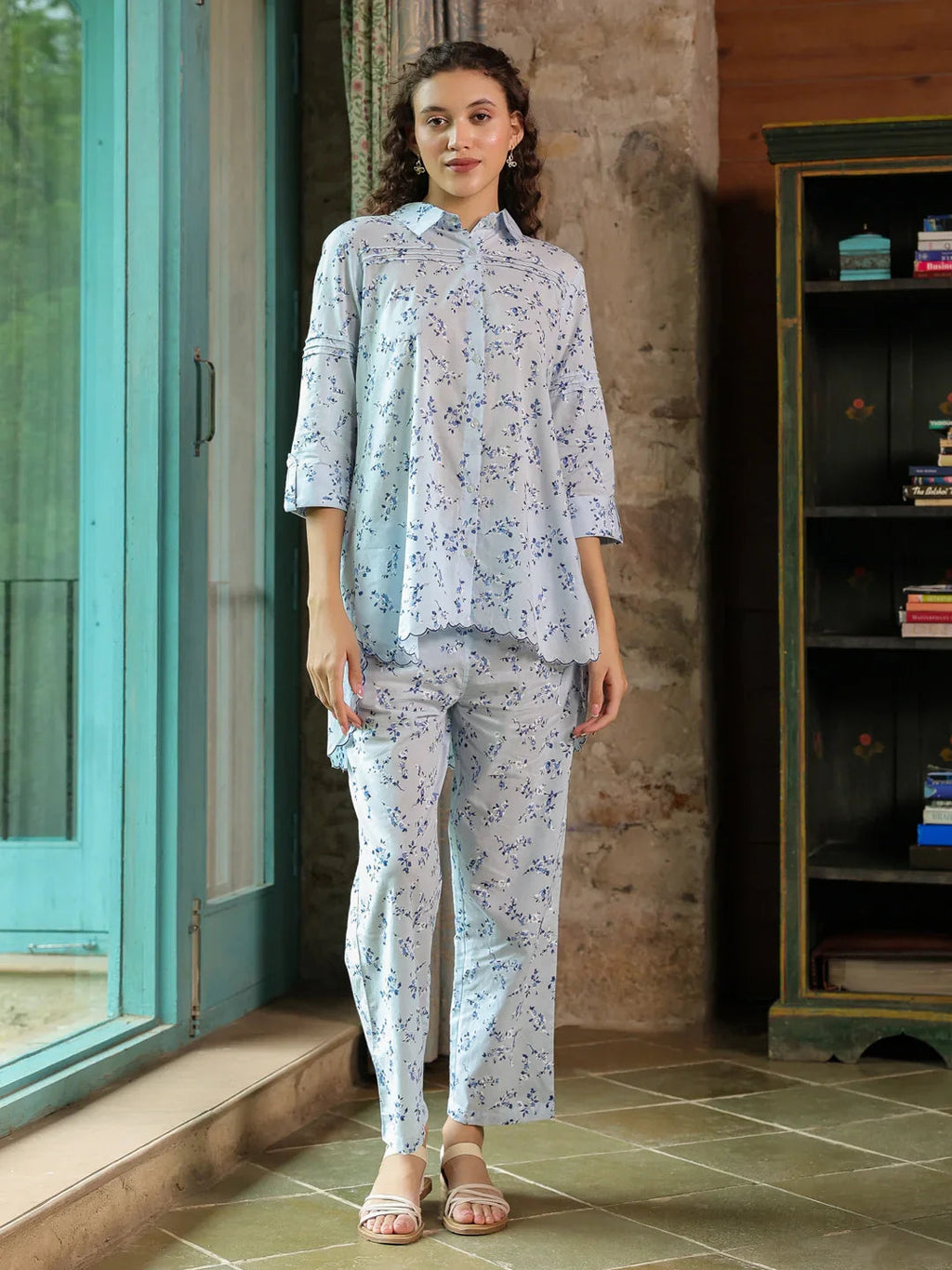Floral Printed Cotton Night Suit Set - SanskrutiHomes 