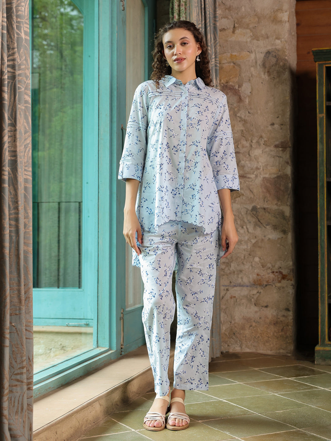 Floral Printed Cotton Night Suit Set - SanskrutiHomes 