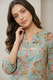 Green Floral Print Mandarin Neck Pure Cotton Night Suit For Women