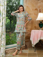 Green Flower Printed Night Suit - SanskrutiHomes 