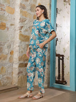 Blue Floral Printed Cotton Co-ords Set - SanskrutiHomes 