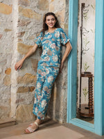 Blue Floral Printed Cotton Co-ords Set - SanskrutiHomes 