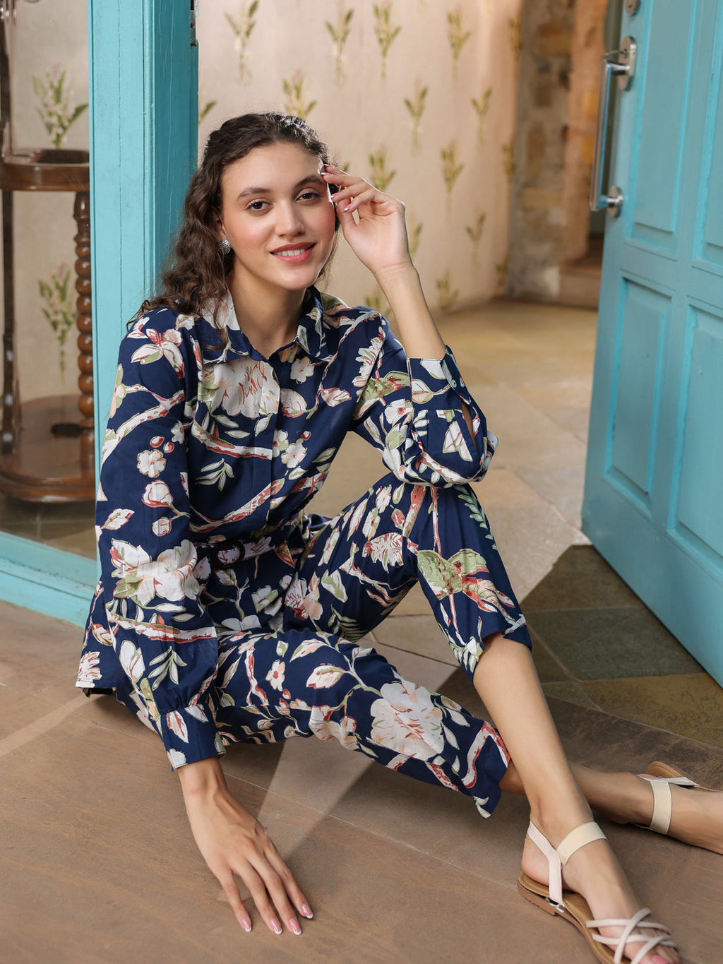 Blue Printed Cotton Co-ords Set - SanskrutiHomes 