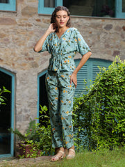 Green Floral Printed Cotton Night Suit Set - SanskrutiHomes 