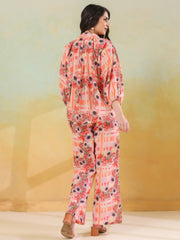 Red Linen Printed Shirt Collar Co-Ord Set for Women - SanskrutiHomes 