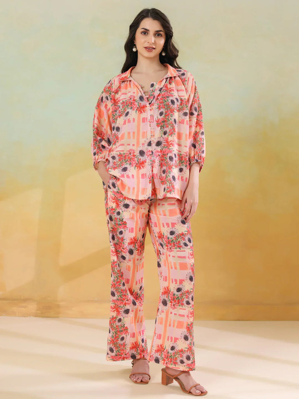 Red Linen Printed Shirt Collar Co-Ord Set for Women - SanskrutiHomes 