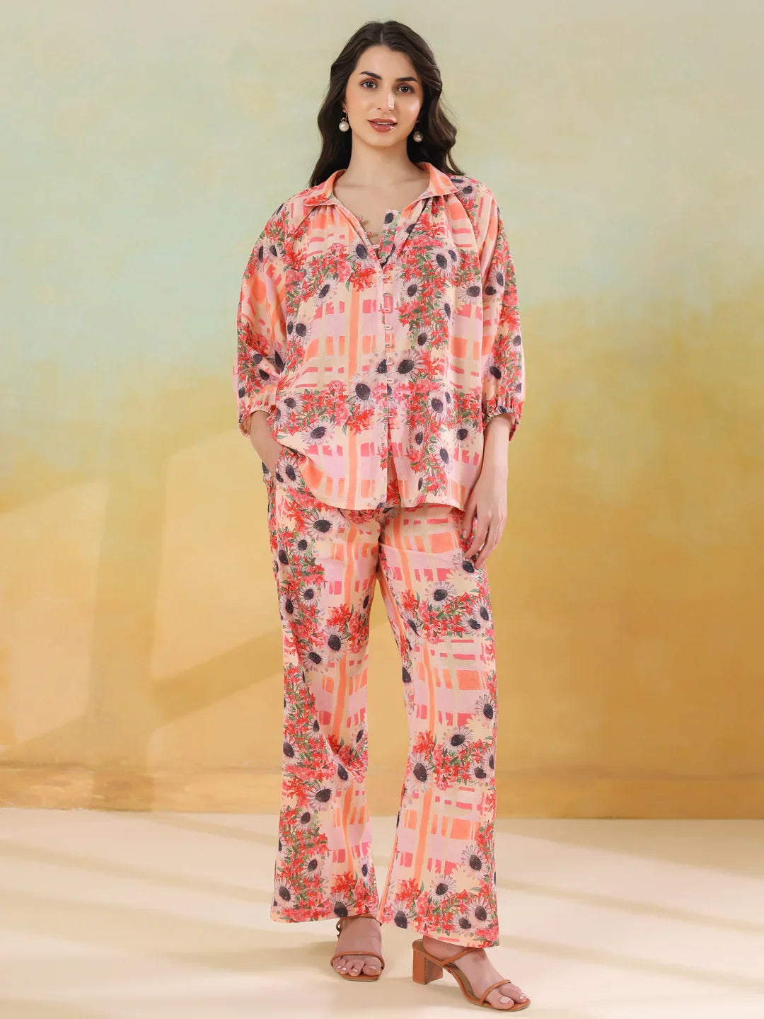 Red Linen Printed Shirt Collar Co-Ord Set for Women - SanskrutiHomes 