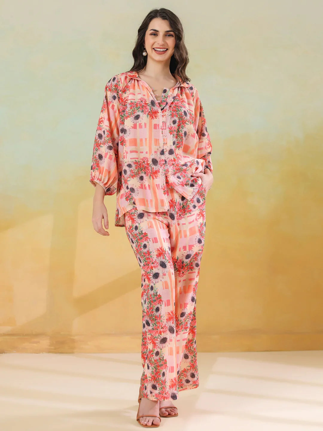 Red Linen Printed Shirt Collar Co-Ord Set for Women - SanskrutiHomes 