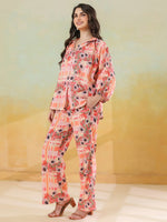 Red Linen Printed Shirt Collar Co-Ord Set for Women - SanskrutiHomes 