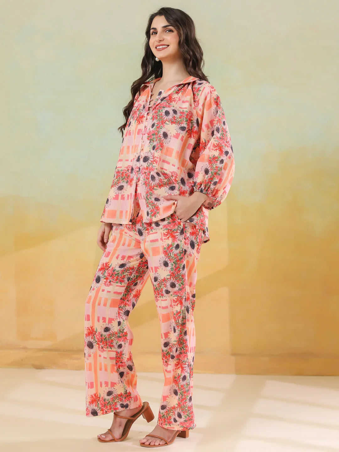 Red Linen Printed Shirt Collar Co-Ord Set for Women - SanskrutiHomes 