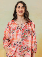 Red Linen Printed Shirt Collar Co-Ord Set for Women - SanskrutiHomes 
