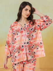 Red Linen Printed Shirt Collar Co-Ord Set for Women - SanskrutiHomes 