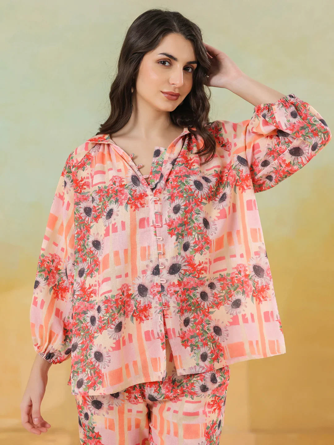 Red Linen Printed Shirt Collar Co-Ord Set for Women - SanskrutiHomes 