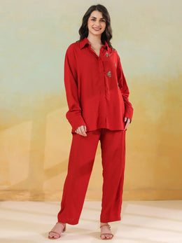 Red Solid Shirt Collar Co-ords Set for Women - SanskrutiHomes 