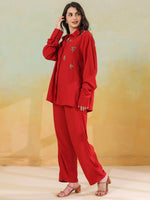 Red Solid Shirt Collar Co-ords Set for Women - SanskrutiHomes 