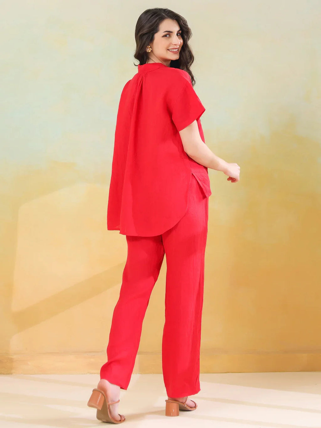 Red Solid Shirt Collar Co-ords Set for Women and Girls - SanskrutiHomes 