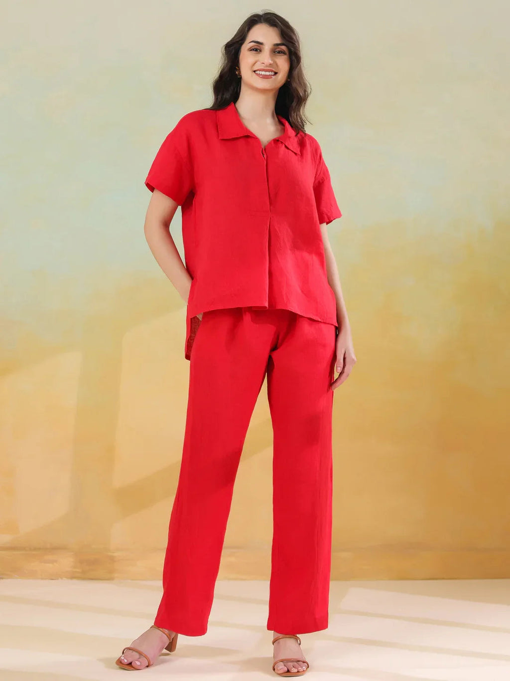 Red Solid Shirt Collar Co-ords Set for Women and Girls - SanskrutiHomes 