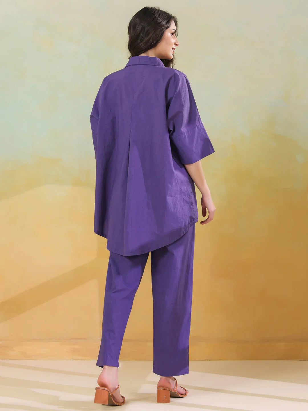 Purple Color Shirt Collar Pure Cotton Co-ords Set for Women - SanskrutiHomes 