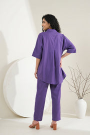 Purple Color Shirt Collar Solid Pure Cotton Co-Ord Set For Women