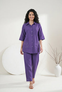 Purple Color Shirt Collar Solid Pure Cotton Co-Ord Set For Women