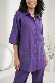 Purple Color Shirt Collar Solid Pure Cotton Co-Ord Set For Women