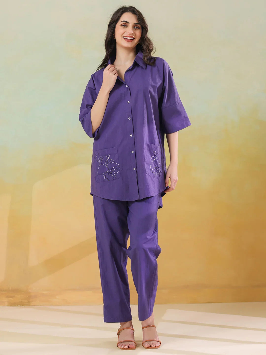 Purple Color Shirt Collar Pure Cotton Co-ords Set for Women - SanskrutiHomes 