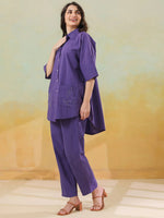 Purple Color Shirt Collar Pure Cotton Co-ords Set for Women - SanskrutiHomes 