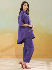 Purple Color Shirt Collar Pure Cotton Co-ords Set for Women - SanskrutiHomes 