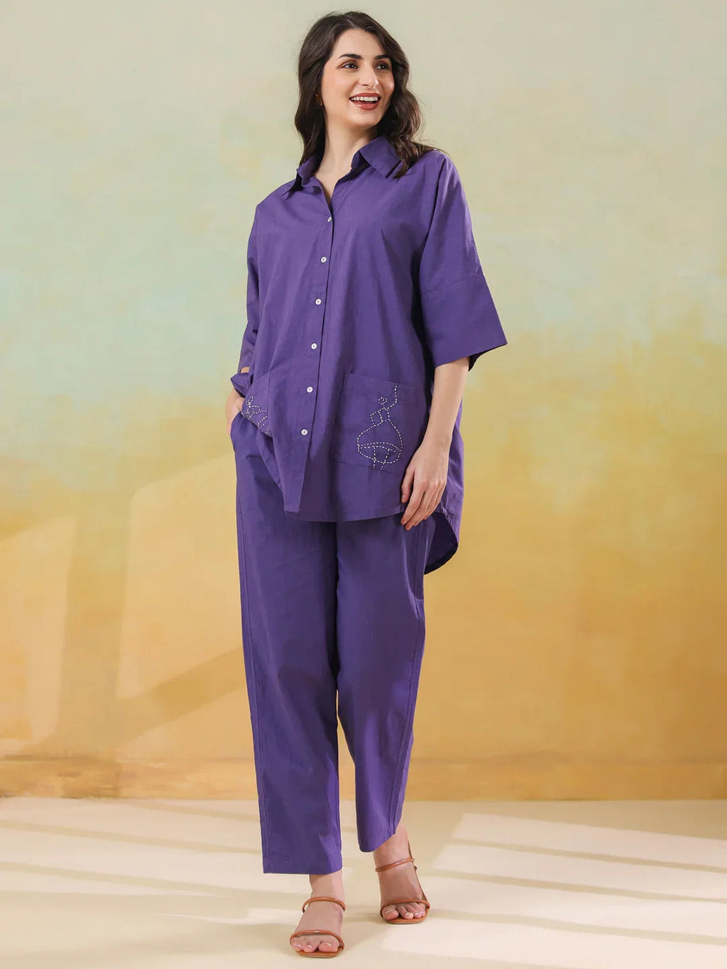 Purple Color Shirt Collar Pure Cotton Co-ords Set for Women - SanskrutiHomes 