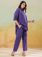 Purple Color Shirt Collar Pure Cotton Co-ords Set for Women - SanskrutiHomes 